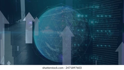 Image of spinning globe, data processing and arrow icons moving upwards against server room. Global networking and business data storage technology concept