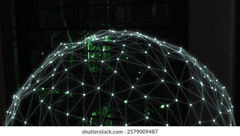 Image of spinning globe and digital data processing over computer servers. Global connections, computing and data processing concept digitally generated image.