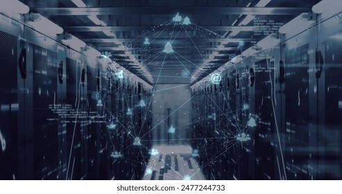 Image of spinning globe of digital icons, data processing and mosaic squares against server room. Global networking and business data storage technology concept