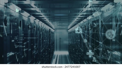 Image of spinning globe of medical icons, data processing and mosaic squares against server room. Medical research and business data storage technology concept - Powered by Shutterstock