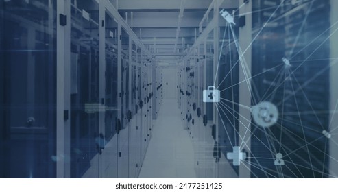 Image of spinning globe of medical icons, light spot and data processing against server room. Medical research and business data storage technology concept