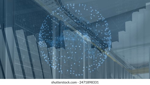 Image of spinning globe and statistical data processing against computer server room. Global networking and business data storage technology concept