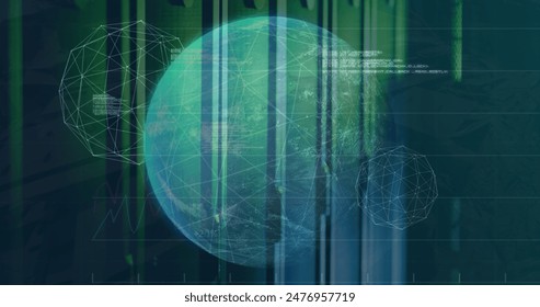 Image of spinning globe and statistical data processing against computer server room. Global networking and business data storage technology concept