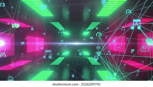 Image of spinning globes of digital icons against neon tunnel in seamless pattern. Global networking and business technology concept - Powered by Shutterstock