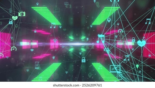 Image of spinning globes of digital icons against neon tunnel in seamless pattern. Global networking and business technology concept - Powered by Shutterstock