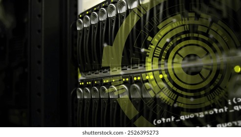 Image of spinning round scanner and data processing against close up of a computer server. Computer interface and business data storage technology concept