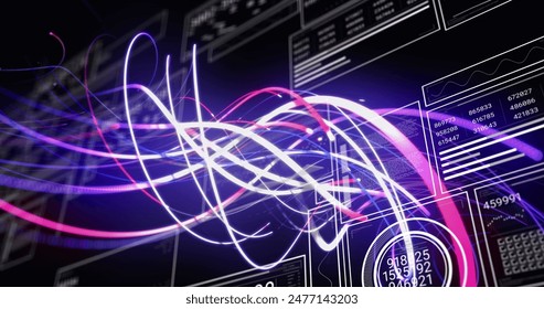 Image of spiral pattern, graphs, changing numbers, loading circles and bars on black background. Digitally generated, hologram, illustration, illuminated, report, progress, growth and business.