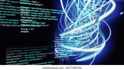 Image of spiral pattern and multicolored computer language over black background. Digitally generated, hologram, illustration, illuminated, programming language, coding and technology concept. - Powered by Shutterstock - Get 15% off with code: PIKWIZARD15