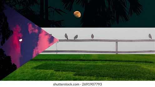 The image is split horizontally into three main bands and then diagonally on the left, creating a dramatic, geometric composition reminiscent of Palestine flag.
