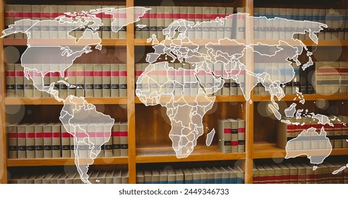 Image of spots and world map over books in library. global business and digital interface concept digitally generated image.