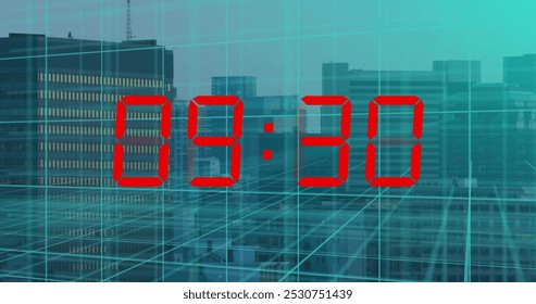 Image of squares and countdown over cityscape. Global business, time and digital interface concept, digitally generated image.