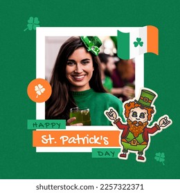 Image of st patrick's day text, leprechaun and smiling woman with beer on green background. St patrick's day, irish tradition and celebration concept digitally generated image. - Powered by Shutterstock