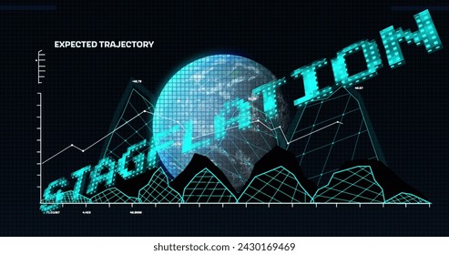 Image of stagflation text in blue over globe and graph processing data. Global business economy, stagnation, inflation and digital interface concept digitally generated image.