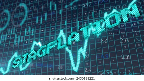 Image of stagflation text in blue over graph and charts processing data. Global business economy, stagnation, inflation and digital communication concept digitally generated image.