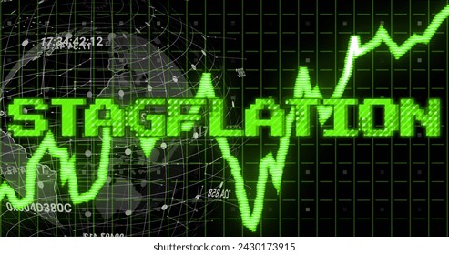 Image of stagflation text in green over green graph, globe and processing data. Global business economy, stagnation, inflation and digital communication concept digitally generated image.