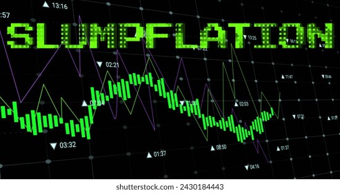 Image of stagflation text in green over graph and processing data. Global business economy, stagnation, inflation and digital communication concept digitally generated image.