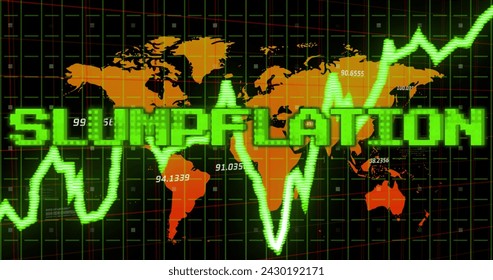 Image of stagflation text in green over graph and orange world map with processing data. Global business economy, stagnation, inflation and digital communication concept digitally generated image.