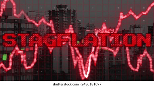 Image of stagflation text in red with graph and charts processing data over cityscape. Global business economy, stagnation, inflation and digital communication concept digitally generated image.