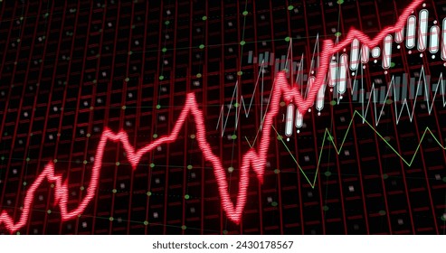 Image of stagflation text in red over graph and charts processing data. Global business economy, stagnation, inflation and digital communication concept digitally generated image.