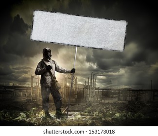 Image of stalker with blank banner against nuclear future
