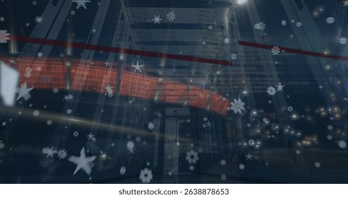 Image of star icons over computer server room against night city traffic. Global networking and business storage technology concept