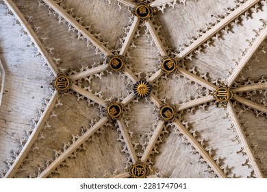 Image of the star-shaped vault found inside the Burgos Cathedral with small gold details. - Shutterstock ID 2281747041