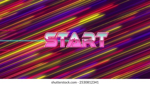 Image of start text over neon banner against colorful light trails in seamless pattern. image game and entertainment technology concept - Powered by Shutterstock - Get 15% off with code: PIKWIZARD15