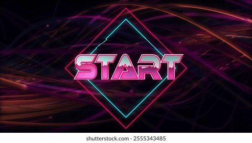 Image of start text over neon pattern background. Global image game, digital interface, communication, computing and data processing concept digitally generated image.