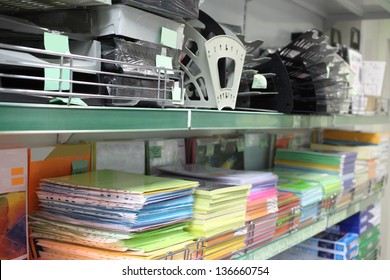 The Image Of Stationery Lie On The Shelf