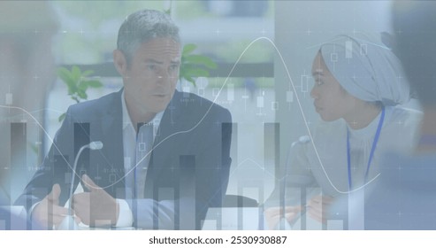 Image of statistic processing over business people at meeting. global business, data processing and digital interface concept digitally generated image.