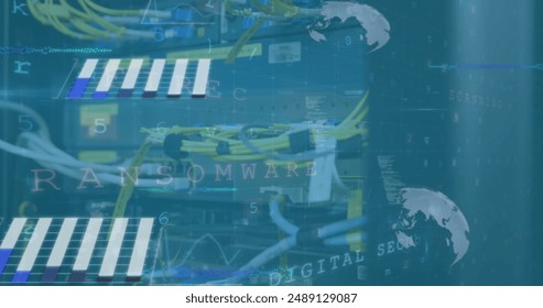 Image of statistical and cyber security data processing against close up of computer server. Computer interface and business data technology concept