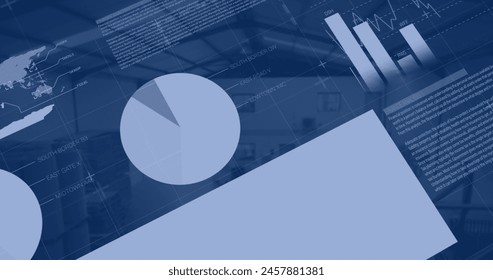 Image of statistical data processing against view of warehouse. Global networking and logistics business technology concept