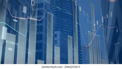 Image of statistical data processing against view of tall buildings. Computer interface and business data technology concept