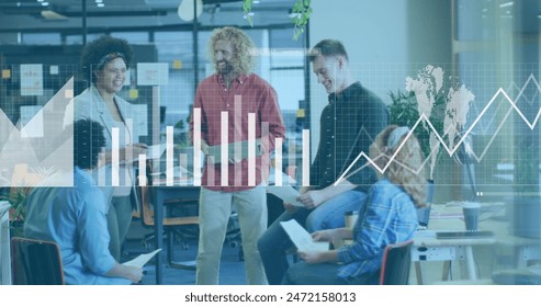 Image of statistical data processing against diverse colleagues discussing and smiling at office. Computer interface and business data technology concept