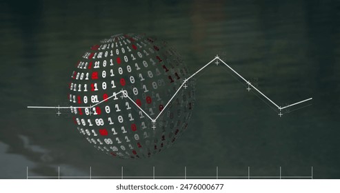 Image of statistical data processing against binary coding over a globe against grey background. Global networking and business data technology concept
