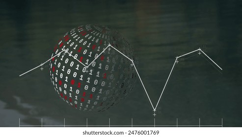 Image of statistical data processing against binary coding over a globe against grey background. Global networking and business data technology concept