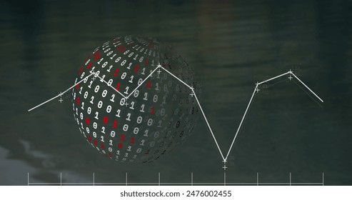Image of statistical data processing against binary coding over a globe against grey background. Global networking and business data technology concept