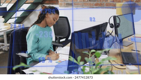 Image of statistical data processing against african american woman taking notes at office. Computer interface and business data technology concept