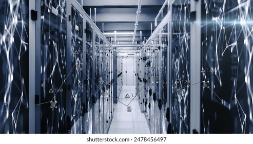Image of statistical data processing against plexus networks trails over computer server room. Global networking and business data storage technology concept