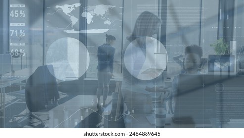 Image of statistical data processing against two diverse women discussing at office. Computer interface and business data technology concept