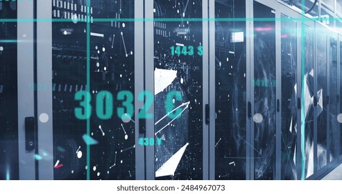 Image of statistical data processing against plexus networks over computer server room. Global networking and business data storage technology concept