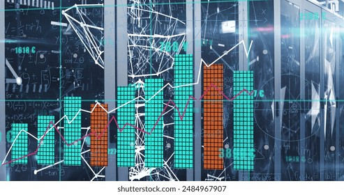 Image of statistical data processing against plexus networks over computer server room. Global networking and business data storage technology concept