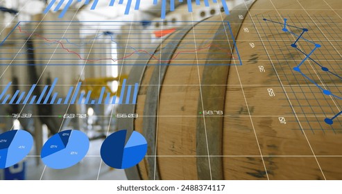Image of statistical data processing against close up of a barrel at a factory. Beer production and brewing industry concept