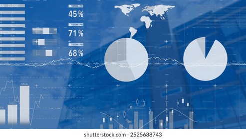 Image of statistical data processing against low angle view of tall building. Computer interface and business data technology concept