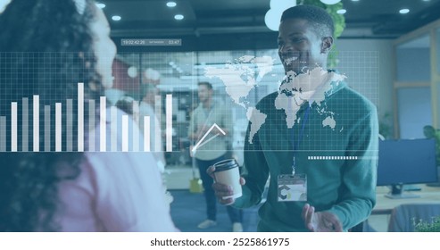 Image of statistical data processing against diverse man and woman discussing at office. Computer interface and business data technology concept