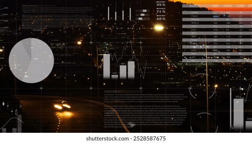 Image of statistical data processing against aerial view of city traffic at night. Computer interface and business technology concept