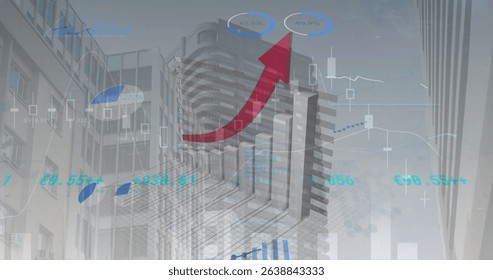 Image of statistical data processing against tall buildings in background. Business data and analytics technology concept