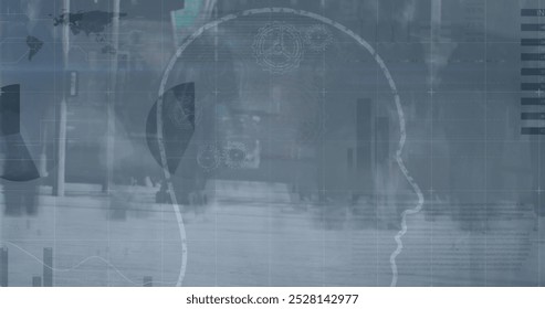 Image of statistical data processing and human head over time-lapse of people walking on street. Business data and analytics technology concept