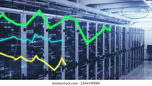 Image of statistical data processing, mathematical equations and mosaic squares over server room. Cyber security and business data storage technology concept