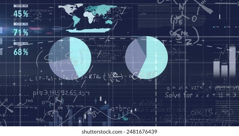 Image of statistical data processing and mathematical equations against blue background. Business data and research science technology concept - Powered by Shutterstock